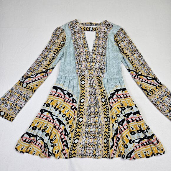 Free People Tegan Border Boho Mini Dress Floral Tunic Flowy Fairy Pockets Blue 4 - Picture 7 of 16